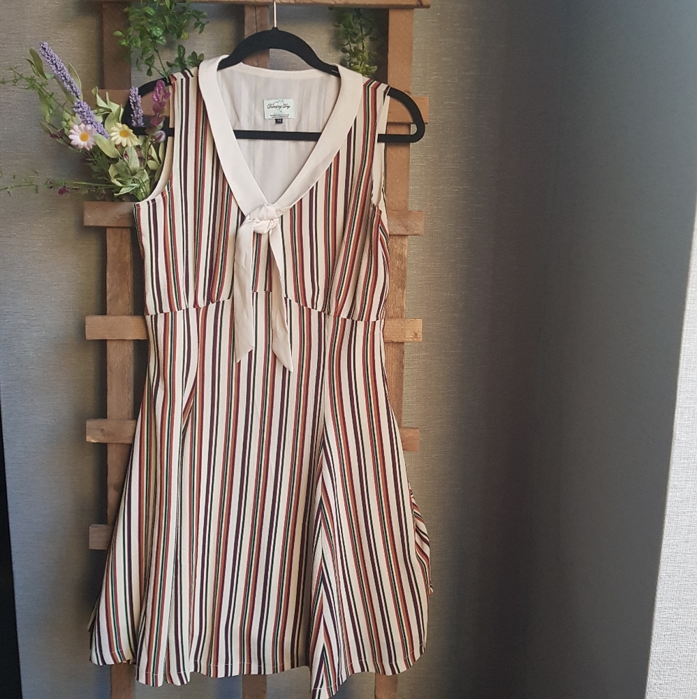 Vintage sailor Tie Front Stripped Swing A-Line Dress Sz M